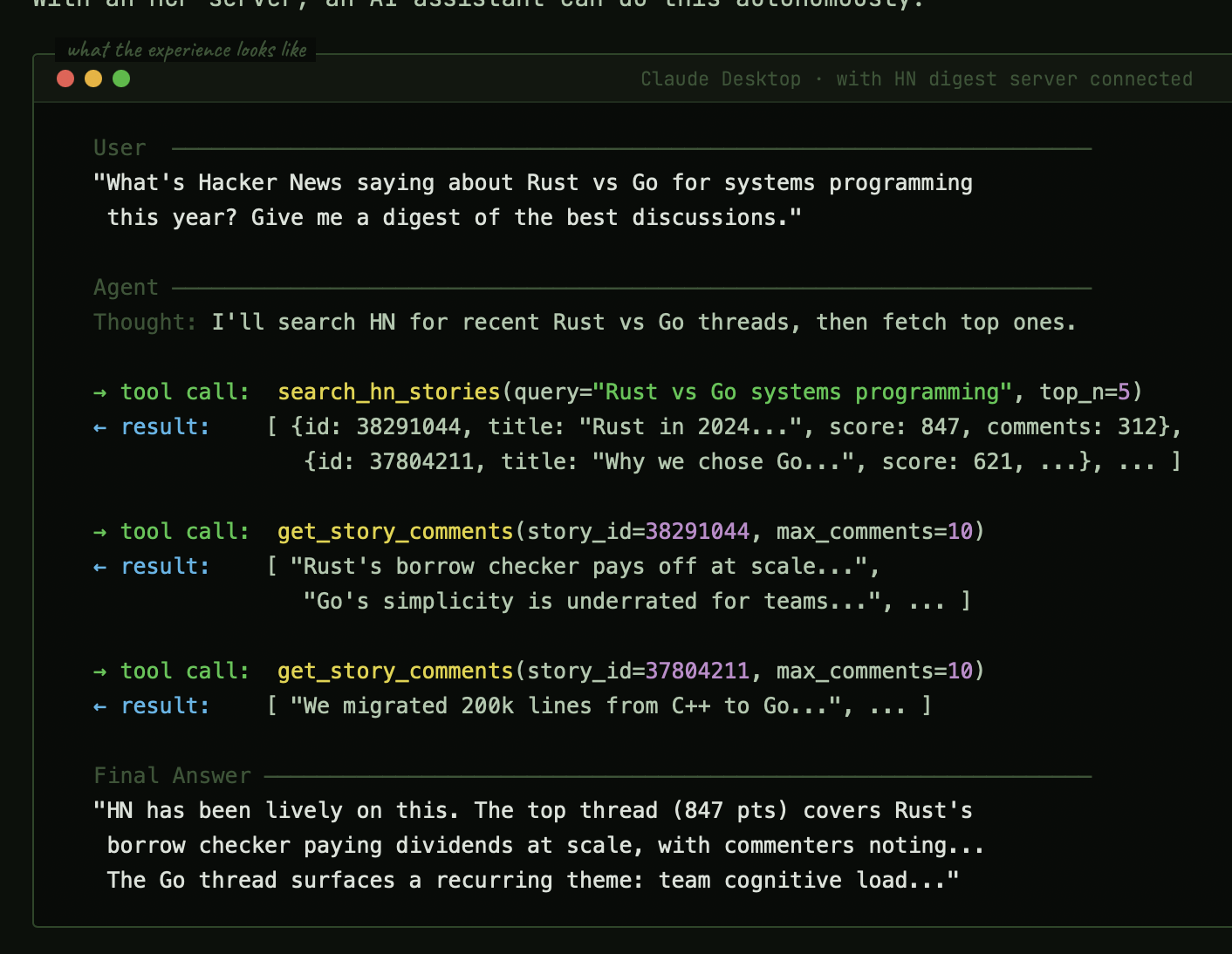 Claude Desktop–style view: user asks for an HN digest, agent runs search_hn_stories and get_story_comments, then returns a final answer